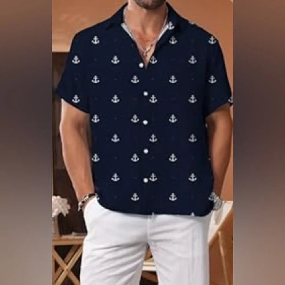 KYKU Men's Button Down Short Sleeve Shirt, One Pocket | Navy with White Anchors